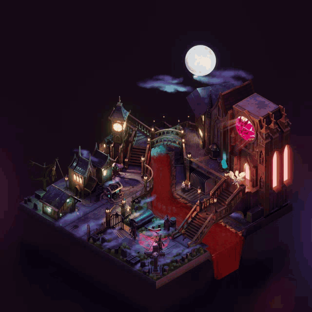 an isometric rendering of a vampire castle with a full moon in the background