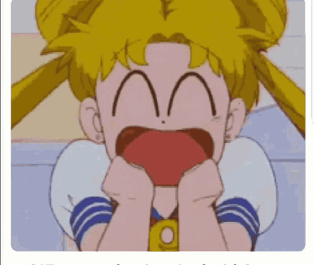 a cartoon of a girl with her mouth open and her hands on her face .