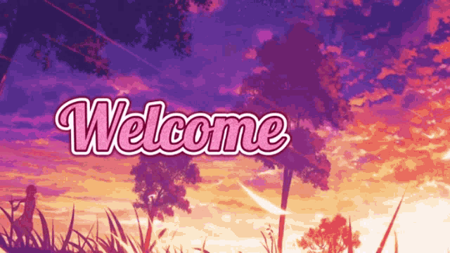 a welcome sign with a sunset background