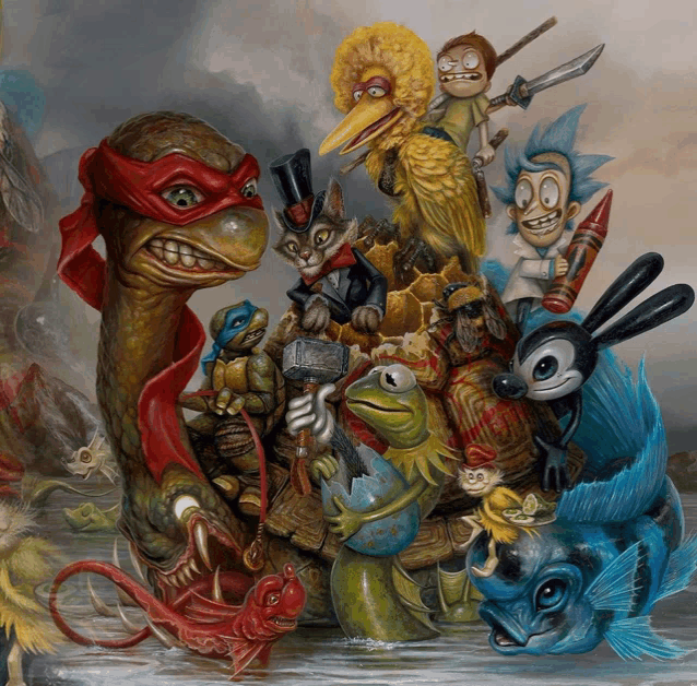a painting of sesame street characters including rick and morty