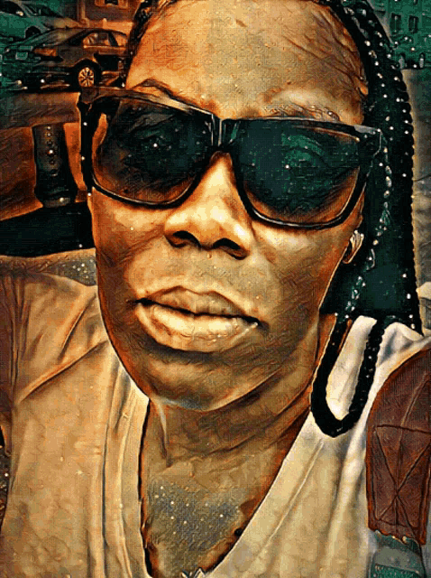 a painting of a woman wearing sunglasses and a braided hair