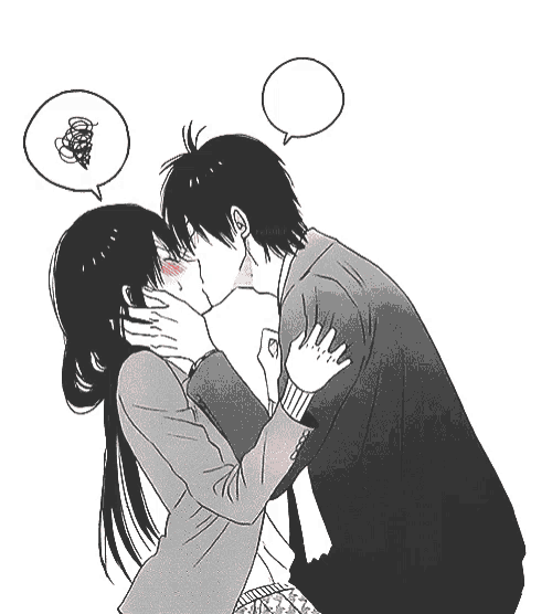 a black and white drawing of a boy and girl kissing