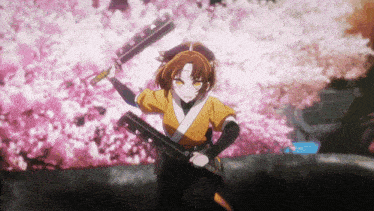 a girl in a kimono is holding two swords in front of a pink background
