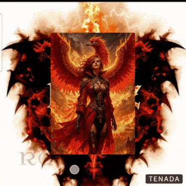 a picture of a woman with a phoenix behind her and the words tenada underneath
