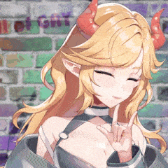 a girl with horns is giving a peace sign in front of a brick wall that says hot girl