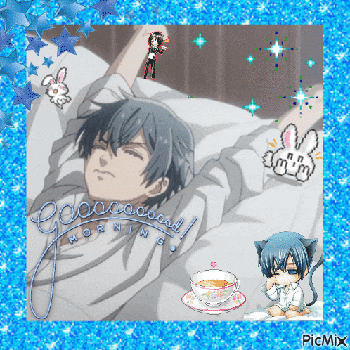 a picture of a boy with a cup of tea and the words good morning