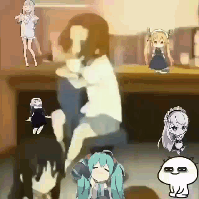 a group of anime characters are sitting around a table with a cartoon character in the middle .