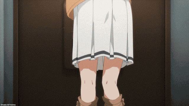 a girl in a white skirt stands in front of a door
