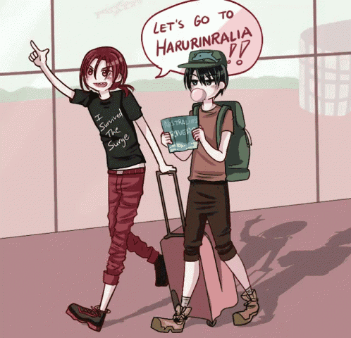 a cartoon of two people walking with a speech bubble that says " let 's go to harurinralia "