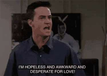 a man is making a funny face and saying `` i 'm hopeless and awkward and desperate for love . ''