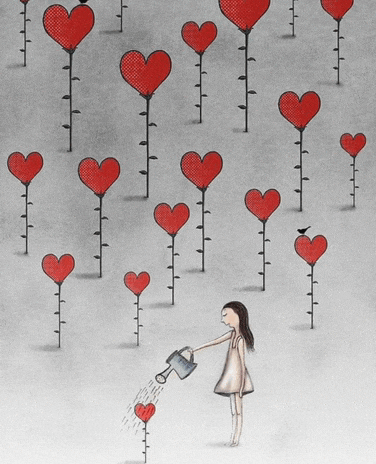 a girl watering hearts with a watering can in a drawing