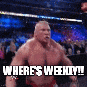 a muscular man is standing in front of a crowd with the words where 's weekly !