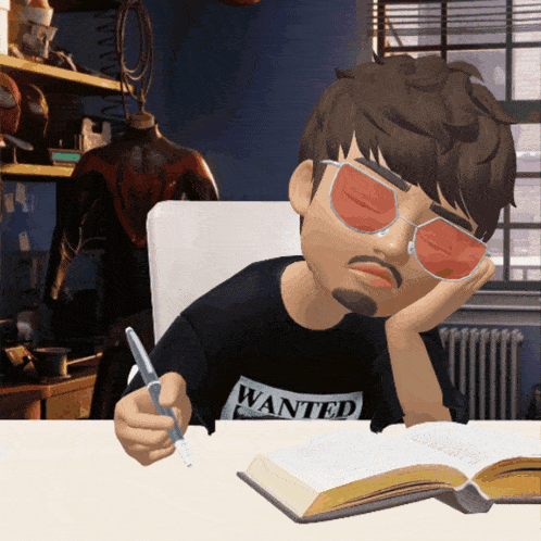 a man wearing a shirt that says wanted is writing in a book