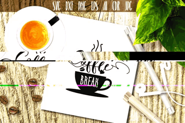 a cup of coffee on a saucer next to a sign that says coffee break