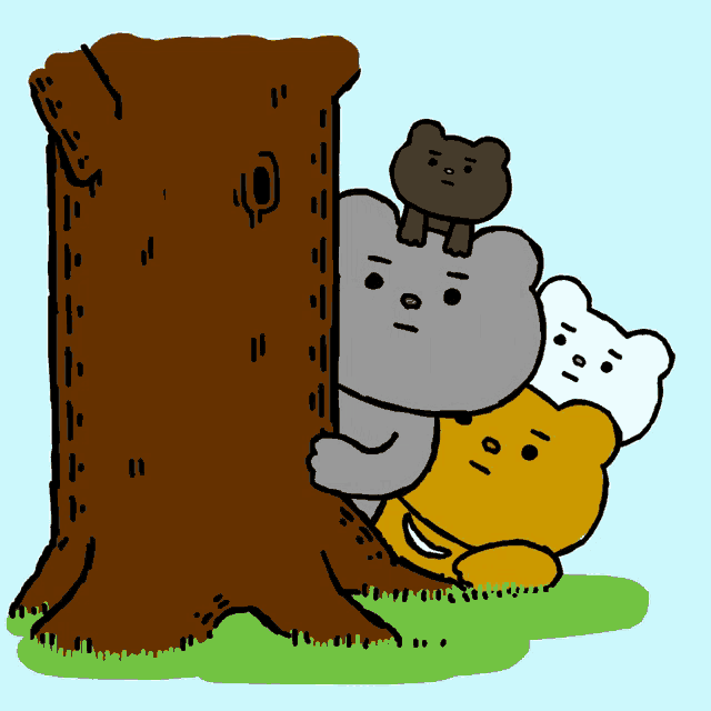 a cartoon of three bears hugging a tree trunk