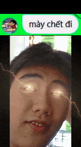 a picture of a man with lightning bolts coming out of his eyes and a text that says may chet di