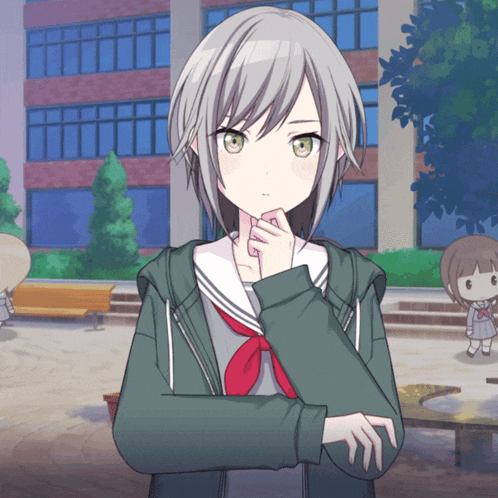 a girl with gray hair and green eyes is wearing a green jacket
