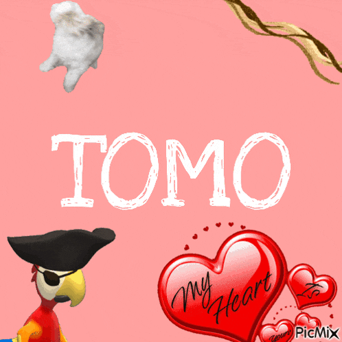 the word tomo is on a pink background with a red heart