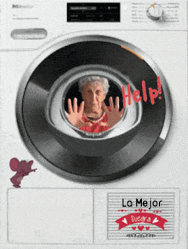 a picture of an elderly woman in a washing machine with the words help written in red