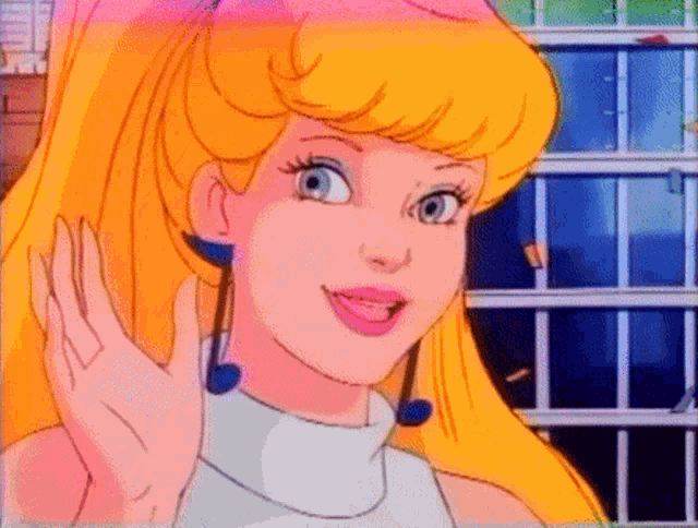 a cartoon girl with blonde hair and blue earrings is smiling