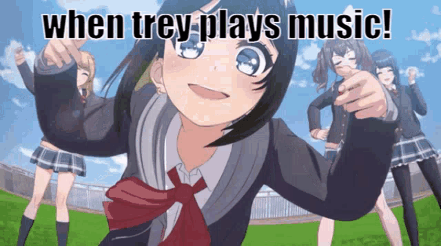 a cartoon of a girl with the words when trev plays music
