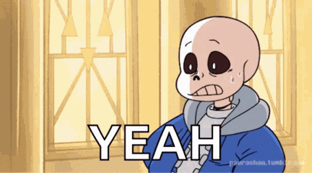 a cartoon of a skeleton with the word yeah on it