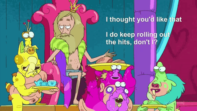 a cartoon of a man sitting on a throne with a crown on his head
