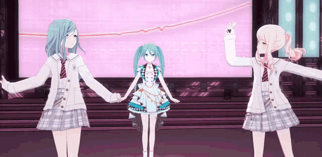 three anime girls are standing next to each other and holding hands