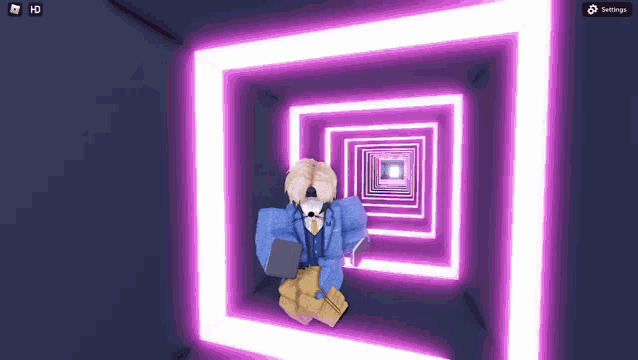 a person in a blue suit is sitting in a dark room with purple lights