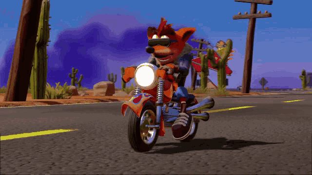 crash bandicoot is riding a motorcycle down a road