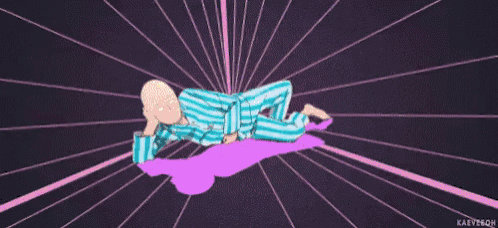 a man in pajamas is laying on a purple surface surrounded by rays .
