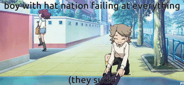 a boy with hat nation failing at everything ( they suck ) is kneeling down on the sidewalk
