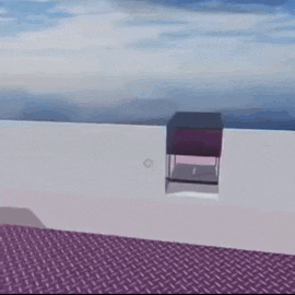 a person is standing on a purple carpet next to a purple box on a white surface .