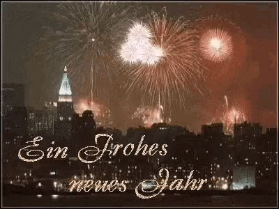 a fireworks display with the words ein frohes neues jahr written on the bottom