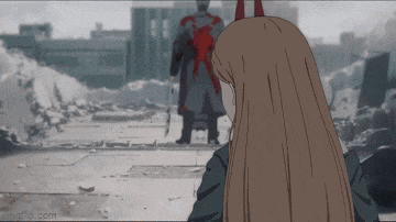 a woman is standing in front of a man holding a knife in a cartoon .