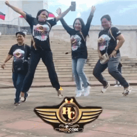 a group of people are jumping in the air in front of a logo that says hardcore