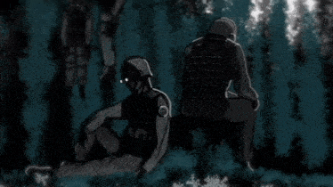 a black and white drawing of two soldiers sitting in the woods at night .