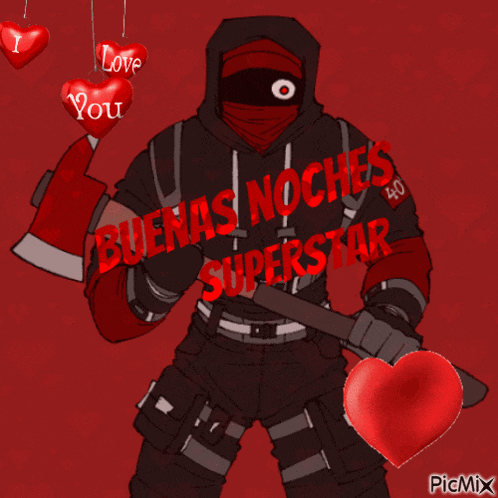 a drawing of a man holding an axe with the words buenas noches superstar