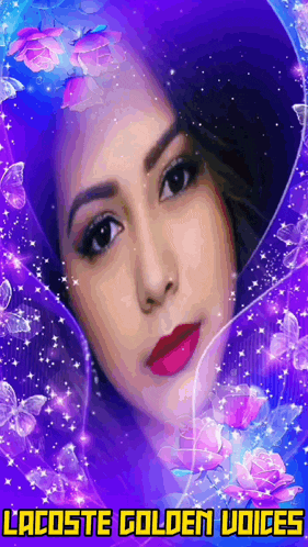 a woman 's face is surrounded by purple flowers and the words lacoste golden voices