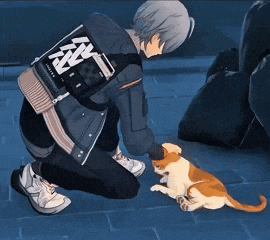 a man kneeling down with a cat and a backpack that says hunters on it