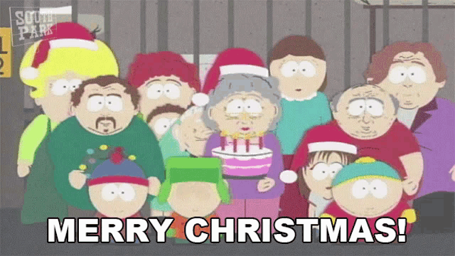 a group of south park characters are posing for a picture with the words merry christmas