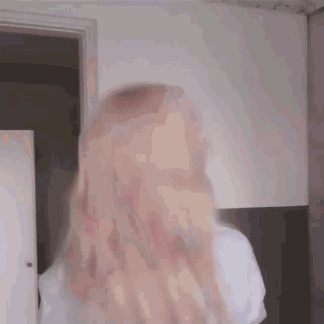 a woman with long blonde hair is standing in front of a door .