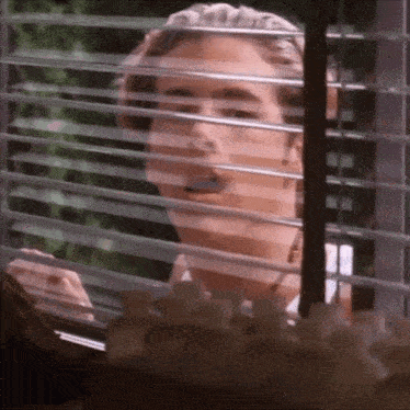 a woman is looking out of a window with blinds .