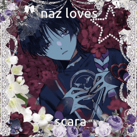 a picture of naz loves scara with flowers in the background