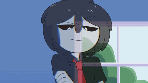 a cartoon character with black hair and a red tie looks angry