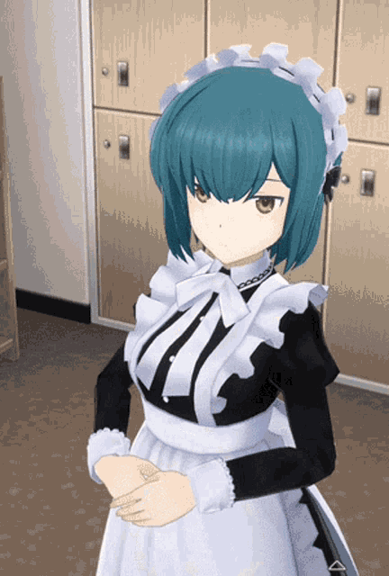 a maid with blue hair is standing in front of a row of lockers