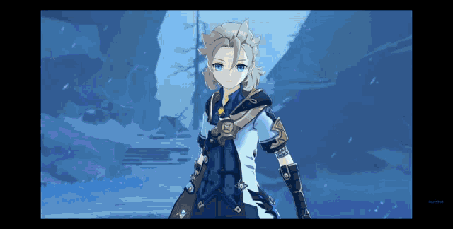a character from a video game is standing in a snowy area