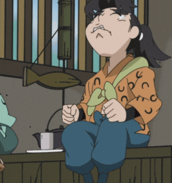 a cartoon character sitting on a wooden ledge with a fish in the background