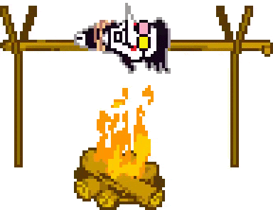 a pixel art illustration of a person hanging over a campfire