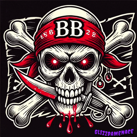an illustration of a pirate skull with a bandana that says bb on it